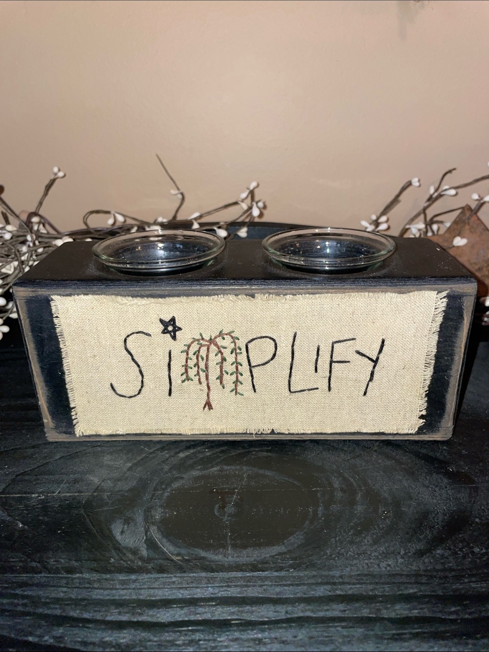 "Simplify" Primitive Rustic Black Wood Double Votive Candle Holder